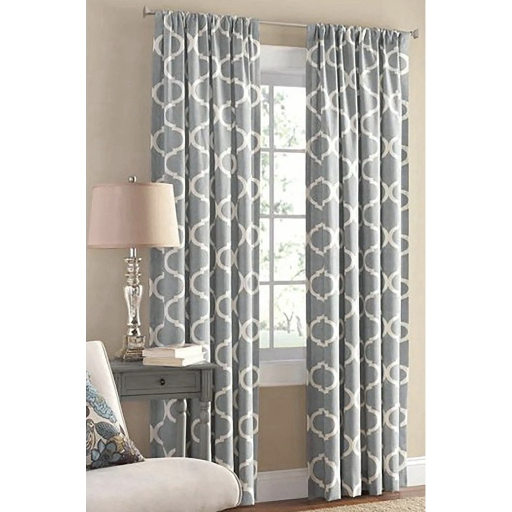 Mainstays Curtains 50x95 Gray White Trellis Set of 2 Rod Pocket Panels